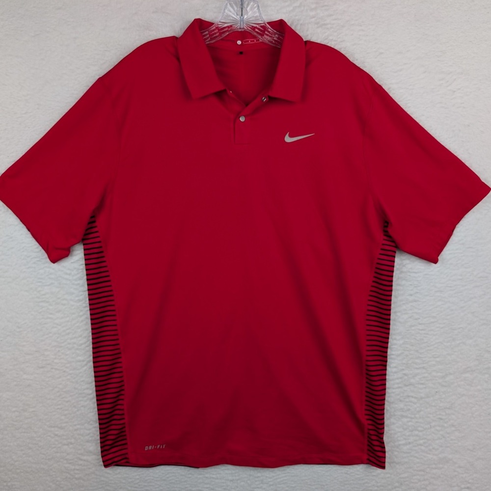 Nike Golf Tiger Woods Polo Shirt Men's Large Engineered Stripe Dri-Fit Red Black